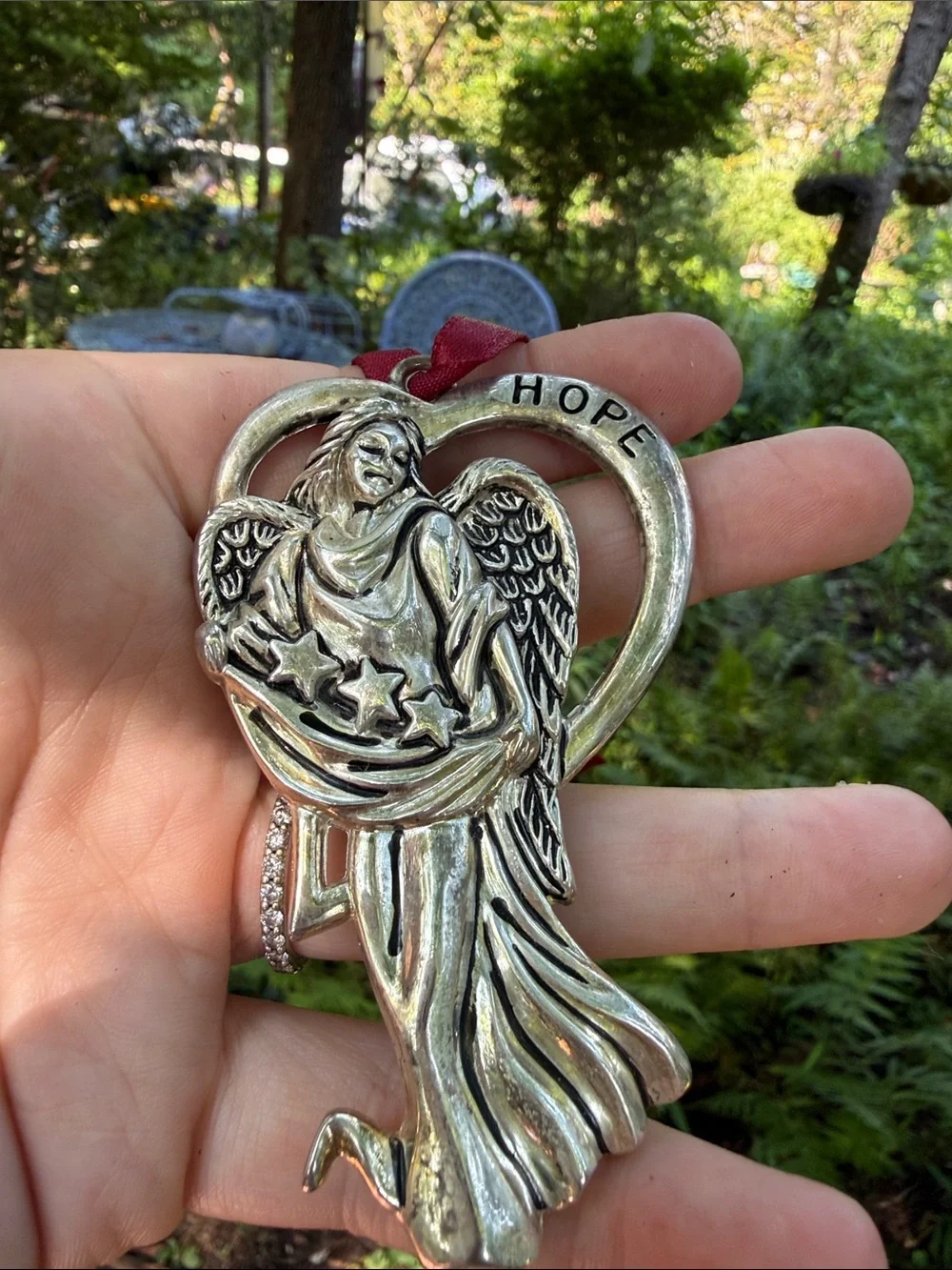Gorham Silver Plated Angel Ornaments with Red Ribbon Accents Hope Peace Love